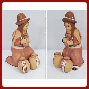 Vintage Peruvian Folk Art Clay Pottery Kneeling Woman Terracotta Hand Painted